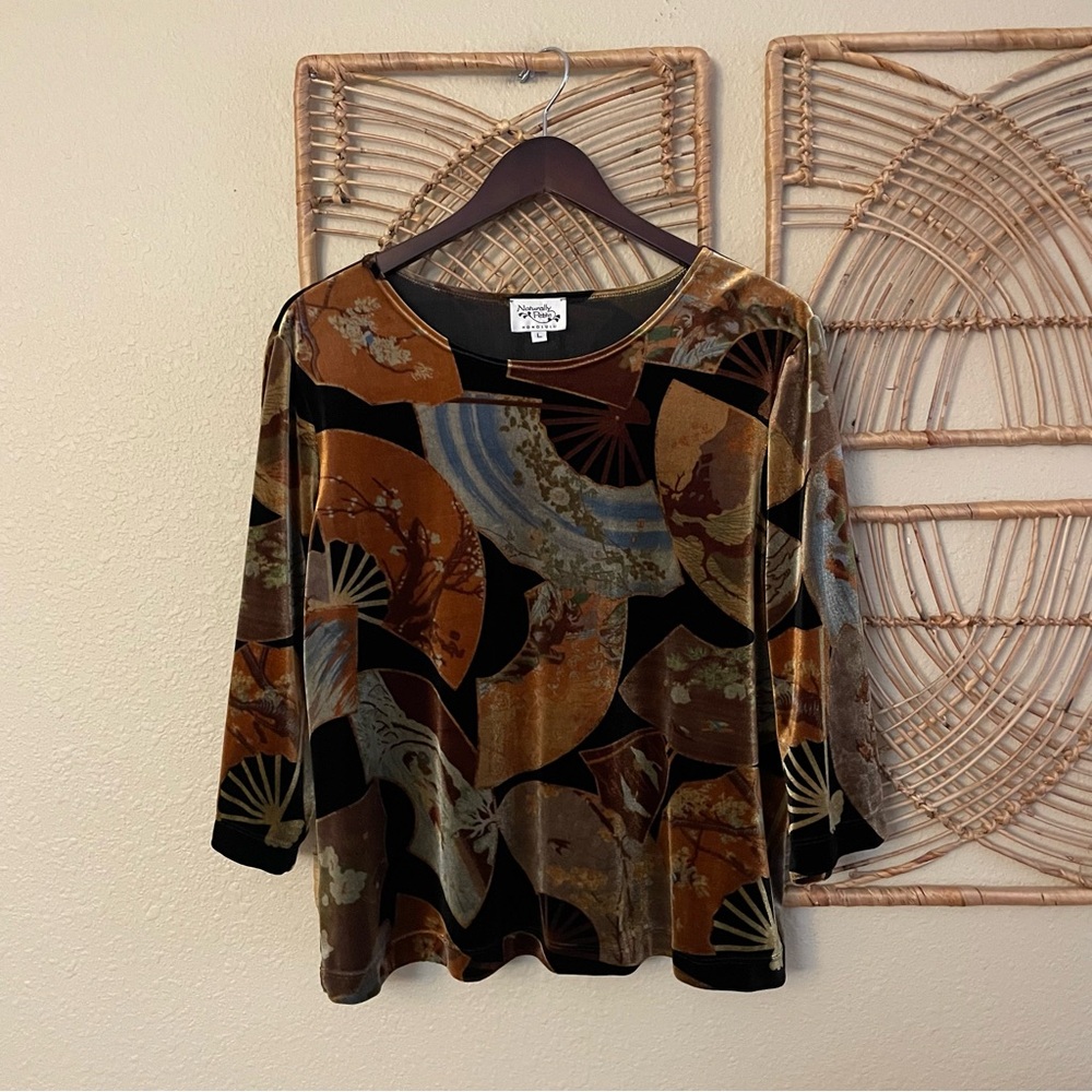 Naturally Petite Velvet Blouse Top Asian Art To‎ Wear Crane Fan Women's Sz L B1